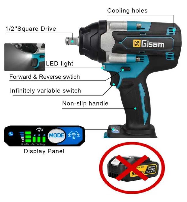 Безчетков Акумулаторен Гайковерт GISAM 1800 Nm