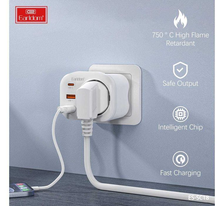 Разклонител за контакт ES-SC18, шуко, 2xUSB, 1xType-C,  220VAC, 4000W