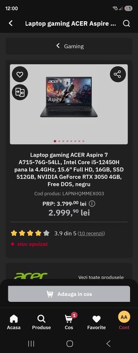 Laptop Gaming Acer Aspire 7 , I5 12450 , RTX 3050 , 16GB RAM