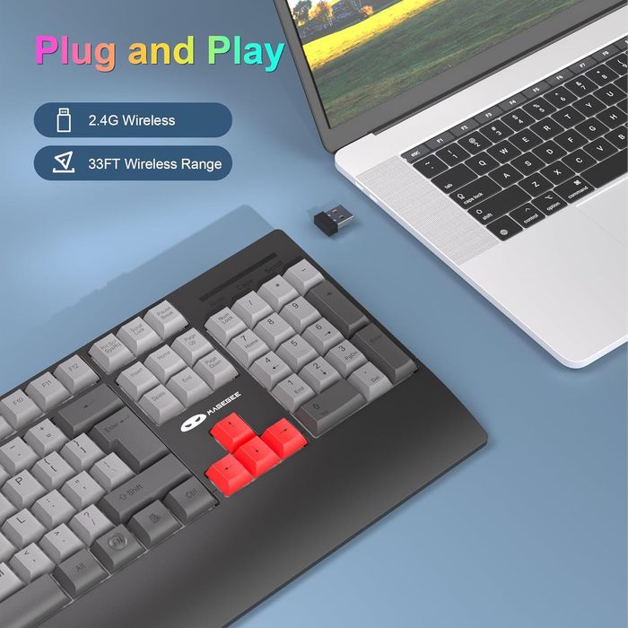 MageGee Wireless Rechargeable Gaming Keyboard with Ergonomic Wrist, RGB LED Backlit, Full Size 104-key Rest for Windows, Mac, PC, Laptop-Grey/Red