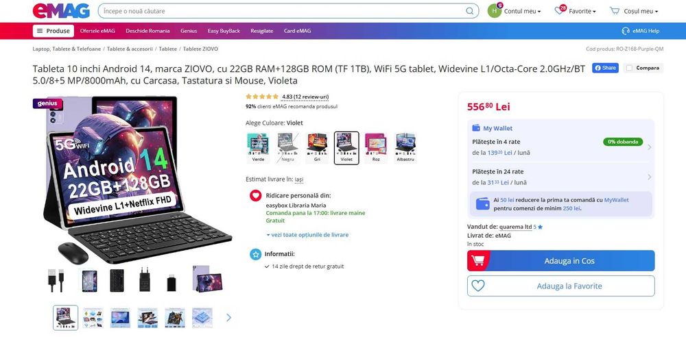 Tableta 10 inchi Android 14, marca ZIOVO, cu 22GB RAM +128GB ROM