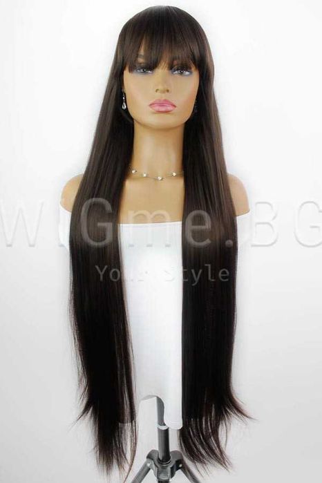 Екстра дълга права тъмнокестенява перука с бретон Ирен - 101 см.