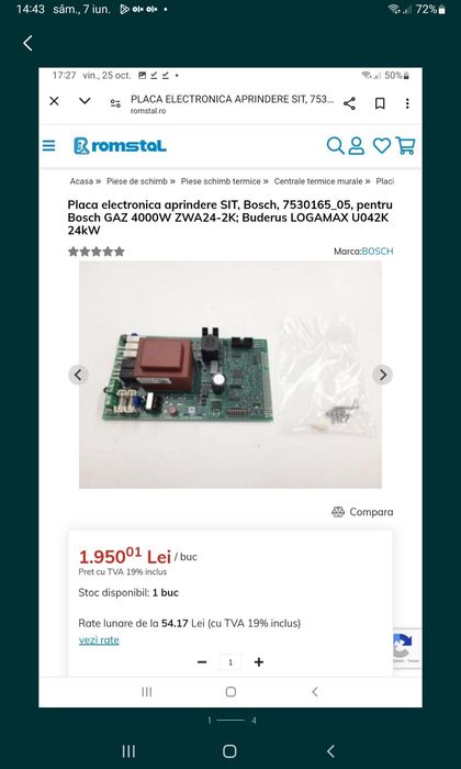 Placa electronica centrala Bosch gaz 4000 tiraj forțat produs nou .
