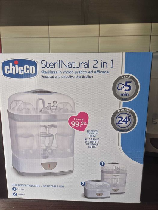 Sterilizator electric cu aburi Chicco 2 in 1 Steril Natural, 0luni+
