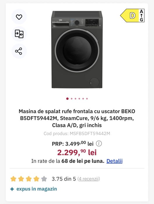 Masina de spălat/uscat rufe BEKO, noua, frontala, 9/6 KG