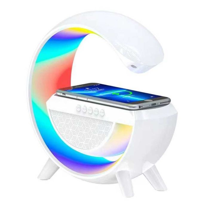Модерна LED Настолна лампа 3в1 безжично зарядно устройство за телефон, RGB околна светлина, Bluetooth високоговорител
