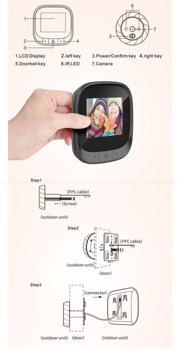 Видеоглазок 2.4 дюйм, глазок, дверьной глазок, Smart Visual Doorball
