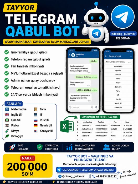Tayyor telegram qabul bot  | 200 000 so‘m | Excel baza