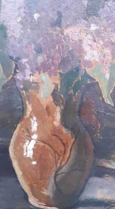 Tablou vechi - carti si liliac - semnat Octav Bancila