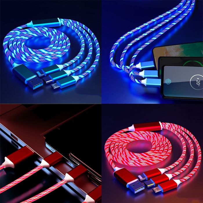 Cablu încărcare 3in1 Luminos. UsbC/IOS/Micro. Efect Valuri. Auto/Casă.