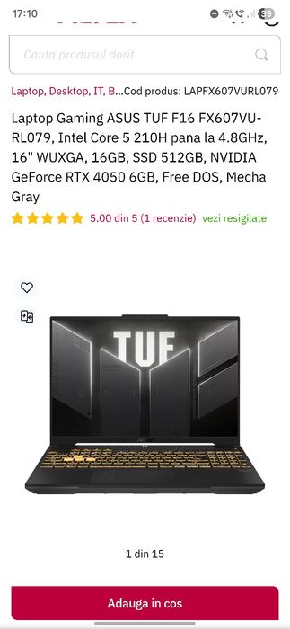 Laptop Asus TUF gaming f16 16" gtx 4050