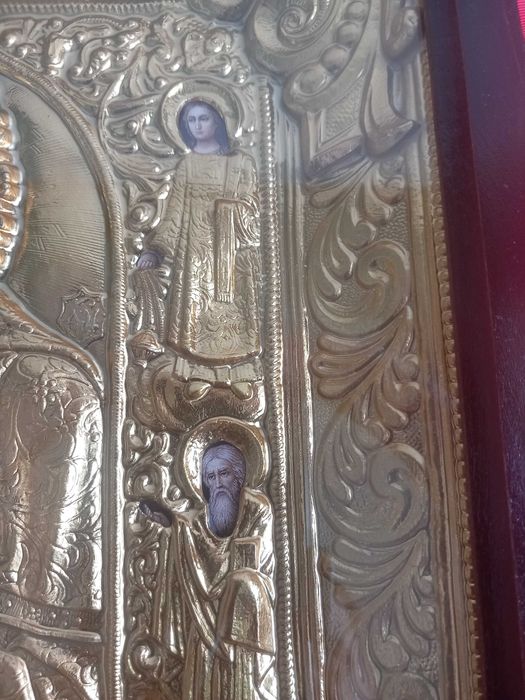 Уникална Руска Икона  с Обков  Почаевската Богородица и Светци