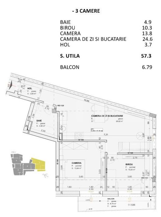 Apartament 3 camere, 57 mp, FINISAT LUX, nZEB, zona Centrala — fotografia 3