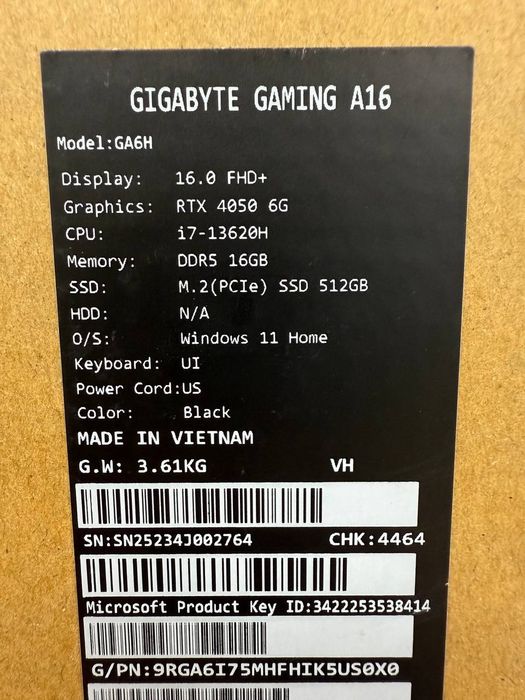 GIGABYTE gaming A16 (Model GA6H)