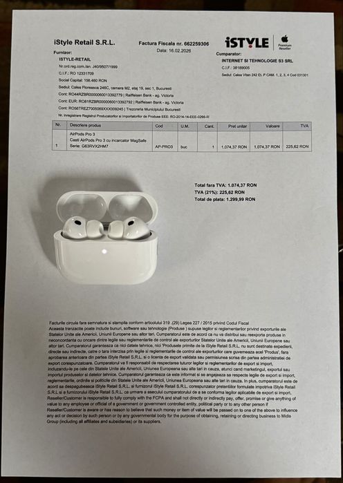 Casti Apple AirPods Pro 3 – noi, sigilate, cu factura