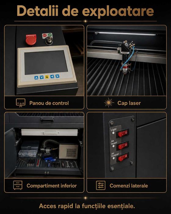 Productie publicitara - Laser profesional CO2 Helios 90 cu RATE lunare - 103W, masă 600×900 mm, chiller + compresor, impecabil