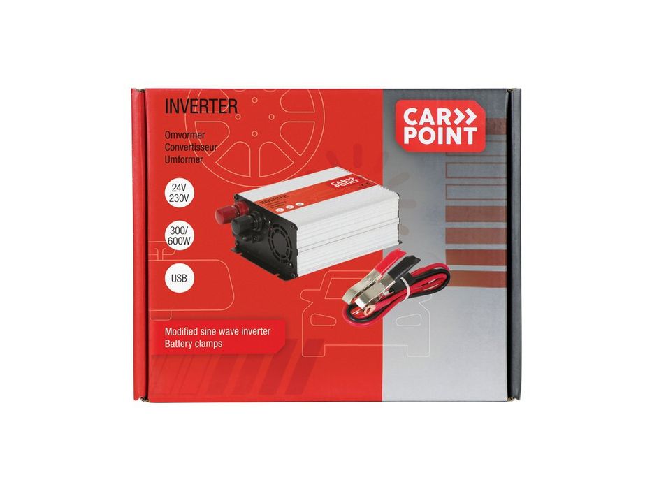 Invertor de tensiune auto Carpoint 24V-230V 300W 50Hz cu clesti baterie, port USB 5V 2.1A si protectii la suprasarcina si scurtcircuit