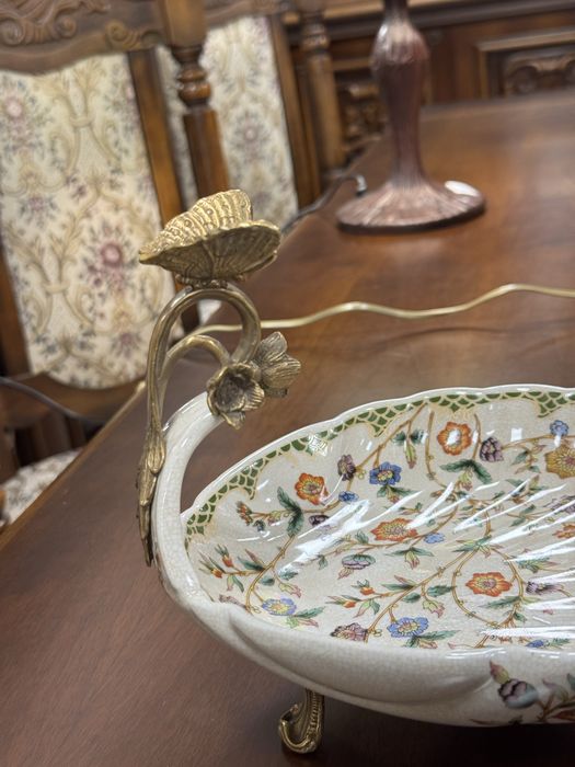 Fructiera din portelan craquelle si elemente bronz