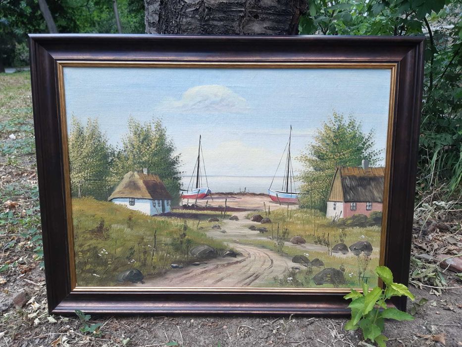 Красива Стара Картина "Рибарско Селище" Маслени Бои на Платно