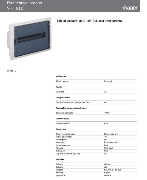 Tablou 18 module (1x18), montaj incastrat, Hager VF118TD, NOU