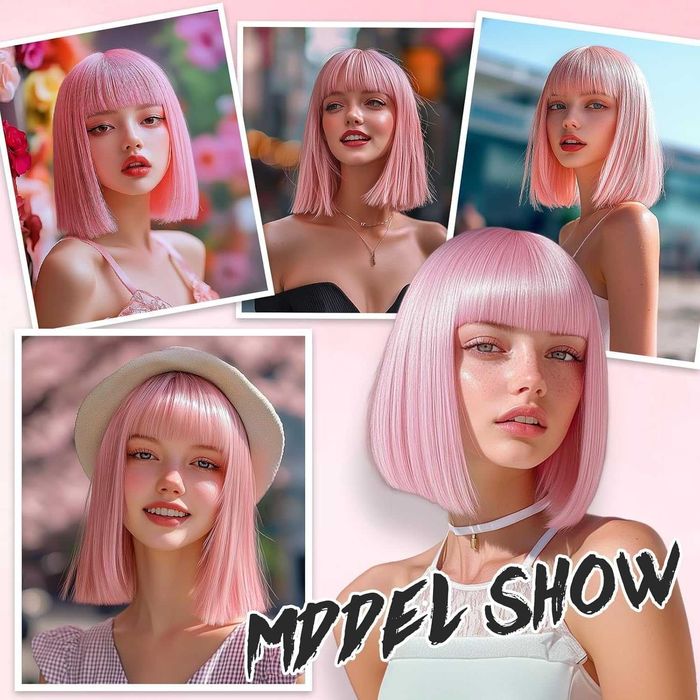 Къса плътна розова перука с бретон