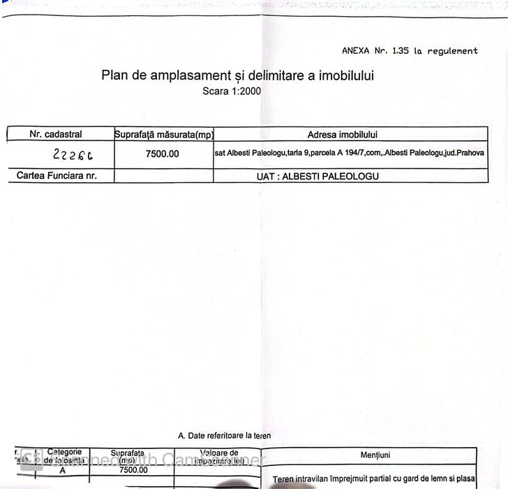 Teren de vanzare, zona Albesti Paleologu , jud Prahova, intravilan