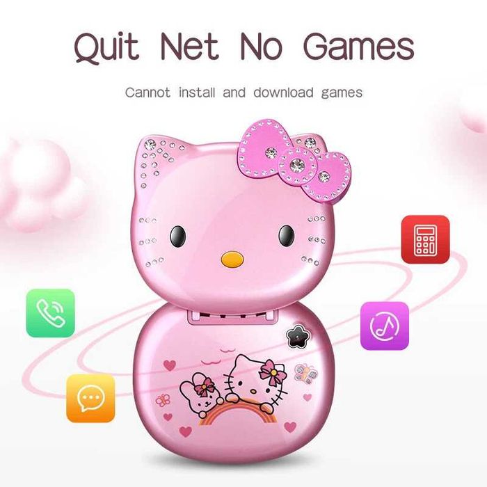 Hello Kitty Розов Телефон за Момиче, Камера, Подарък, с локация, детски телефон с капаче, за дете, Хелоу Кити