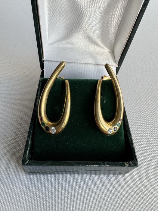 Cercei din aur, cubic zirconia, safir, smarald si rubin