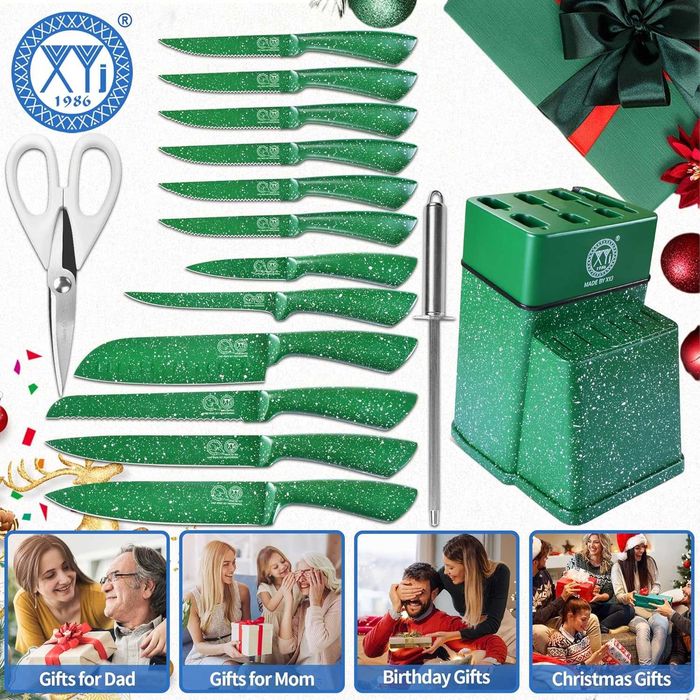 Комплект кухненски ножове с поставка неръждаема стомана, зелени