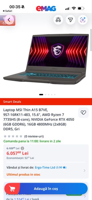 NOU Laptop Gaming Msi Thin A15 Ryzen 7 7735HS RTX4050 6GB 16/512