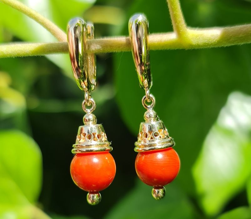 Cercei de aur galben14k cu coral natural handmade