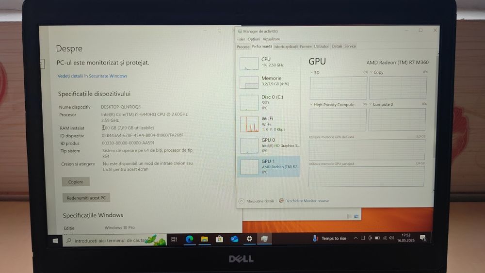 Laptop Dell 5470==i5-6440HQ==256GB SSD==8GB DDR4==Video DEDICAT R7 2GB