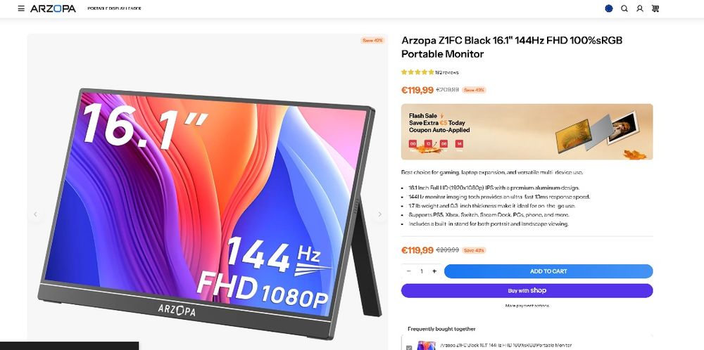 монитор ARZOPA Z1FC 144hz 1080p IPS 16 inch
 Z1FC