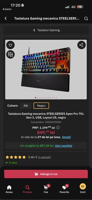 Tastatura Gaming mecanica STEELSERIES Apex Pro TKL Gen 3, USB, Layout QWERTY negru / NOUA SIGILATA