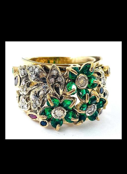 Inel monumental aur 9K cu smaralde, diamante, rubine si safire