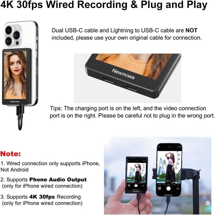 Newmowa 4K 30fps кабелен+1080P безжичен екран, 2 в 1 магнитен за селфи