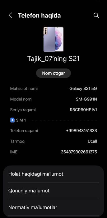 Samsung S21 5G 8/256 xotira