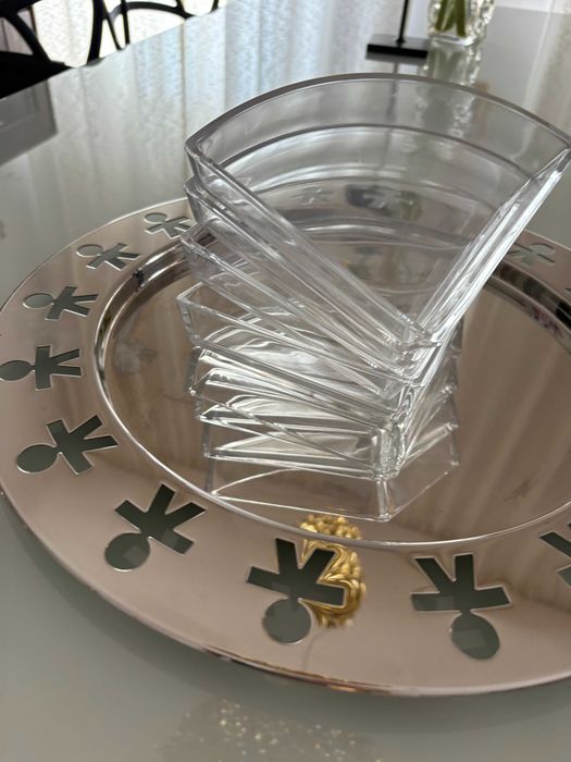 Alessi Italia tava de servire din inox cu 4 recipiente din cristal pentru aperitive model rar