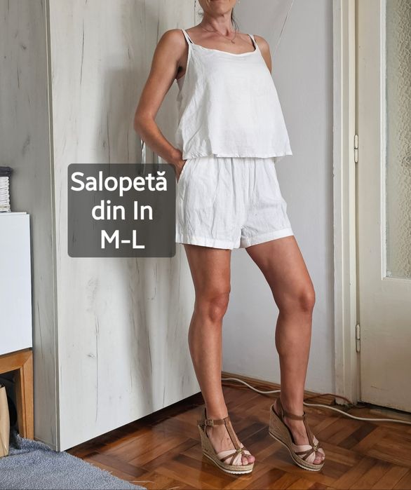 Esmara M L salopetă scurtă albă 55% in, 45% vâscoză buzunare vară casual