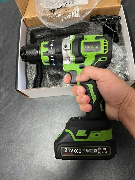 Mașină de găurit și înșurubat (bormașină) cu percuție Ginour 21V – Motor Brushless, NOUĂ