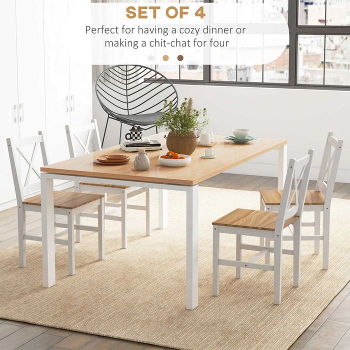 Set 4 Scaune pentru Bucătărie și Living cu Spătar Transversal, Scaune Clasice din Lemn de Pin, HOMCOM