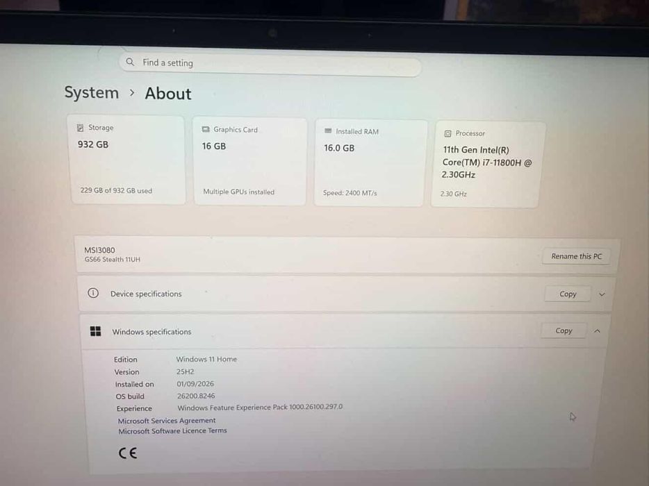 RTX 3080 16GB 1TB SSD 16GB Рам и Intel I7 11800H - MSI Stealth GS66
