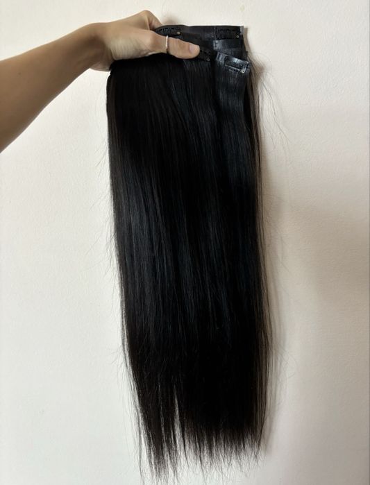 Естествена коса 100% , черна екстеншъни, удължения с щипки 200гр 60см