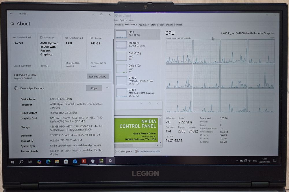 15.6' 120Hz IPS Lenovo Legion Ryzen 5 4600H/GTX 1650 4GB/16GB/512GB SSD+500GB