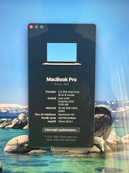 Laptop MacBook Pro 16" - Intel Core i9, 16GB RAM, 1TB SSD (Dual Boot macOS Tahoe & Windows 11 Pro)