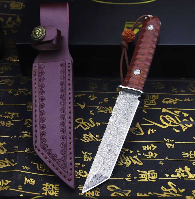 Cutit japonez Tanto, otel Damasc Full Tang, teaca piele