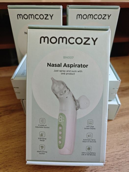 Електрически аспиратор за нос Momcozy BreezyClear 2-в-1 (спрей + изсмукване) – чисто нов, фабрично запечатан