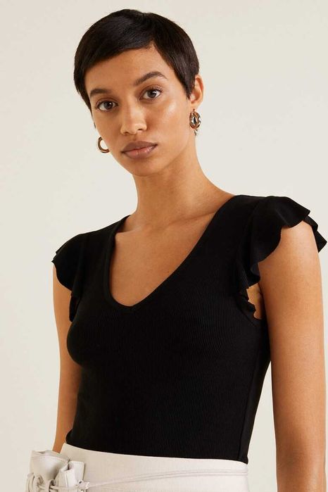 Mango нова черна рипсена блуза с къси набрани ръкави