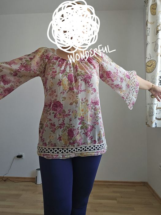 Флорална блуза туника риза лятна на цветя с дантела асиметричен ръкав