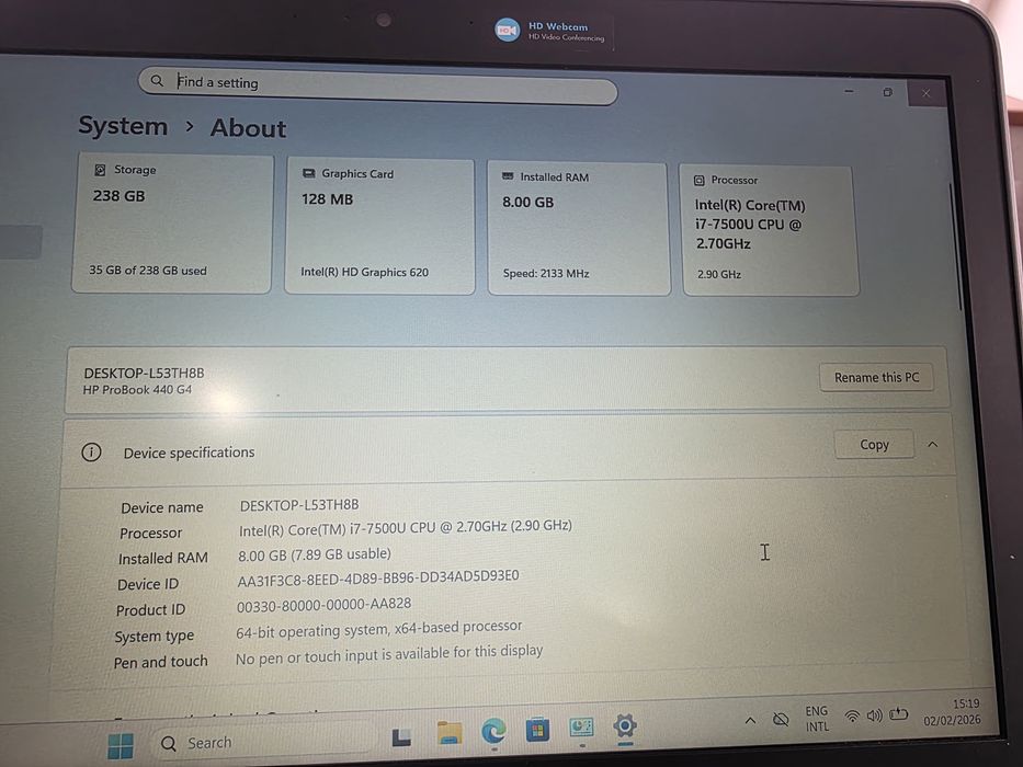 Laptop HP 440 G4, I7 7500, 8 GB RAM, 256 Gb SSD, Win 11PRO